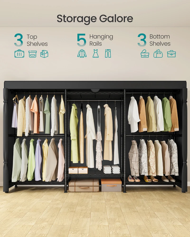 SONGMICS Heavy-Duty Rolling Clothes Rack, Portable Closet on Wheels, with Adjustable Mesh Shelves and Hanging Rails, Fabric Cover, Ink Black