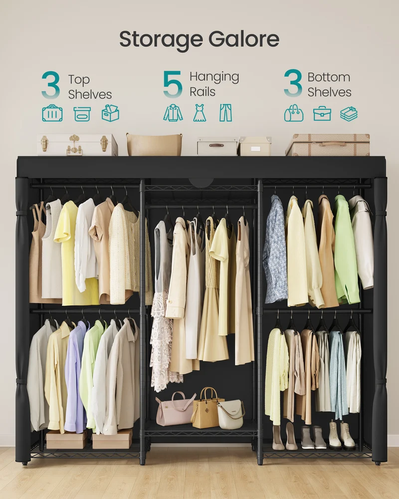 Heavy-Duty Garment Rack with 5 Hanging Rails and 6 Mesh Shelves, 514 lb Capacity Portable Closet, No-Tool Assembly, Ink Black