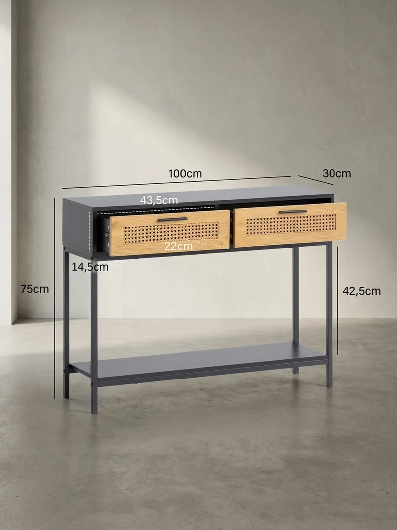 Konsolentisch – Schwarz, 100x30x75 cm, mit Wiener Geflecht, Schubladen und Ablage