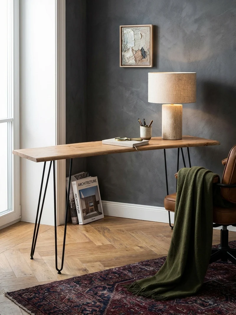Schreibtisch – Massivholz/Metall, 150x36x75 cm, Baumkante, Haarnadelbeine