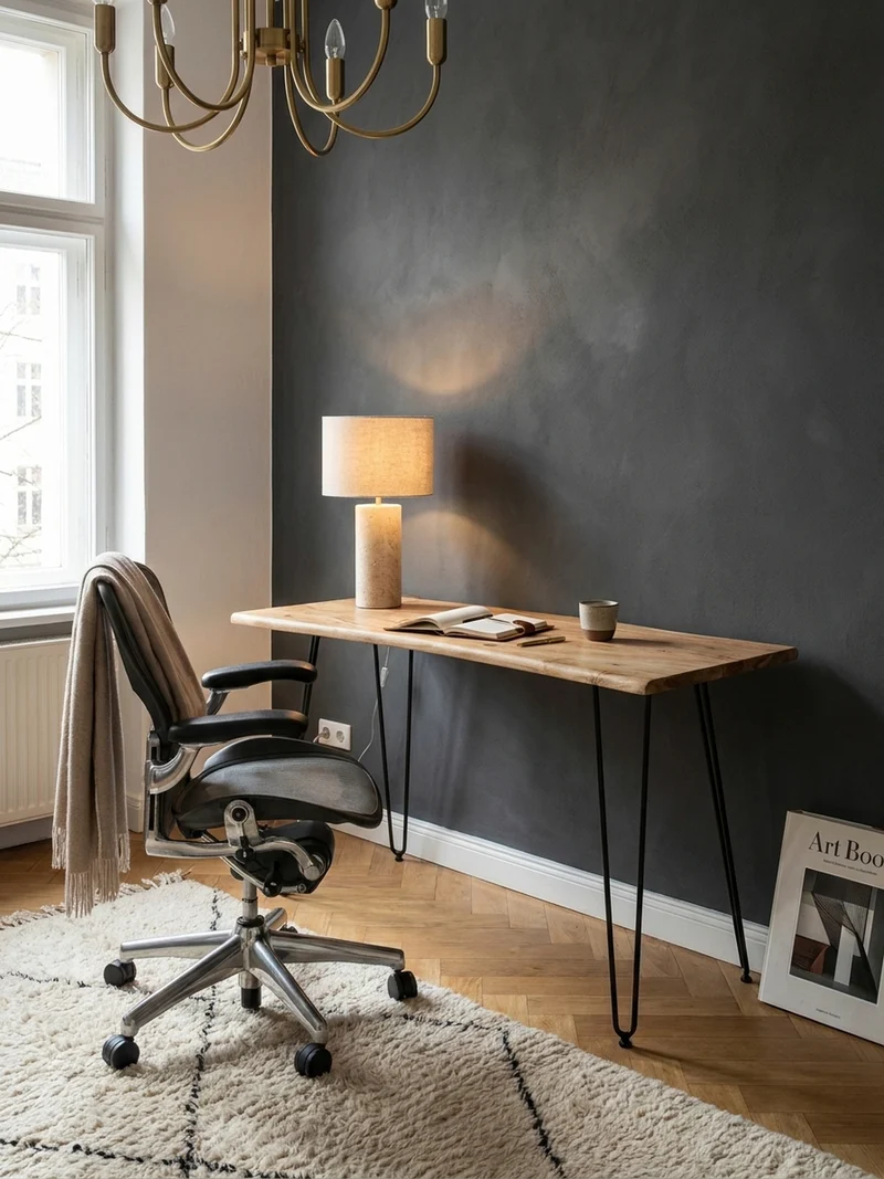 Schreibtisch – Massivholz/Metall, 150x36x75 cm, Baumkante, Haarnadelbeine