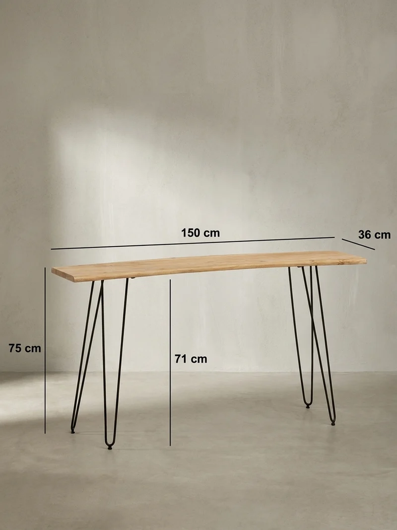 Schreibtisch – Massivholz/Metall, 150x36x75 cm, Baumkante, Haarnadelbeine