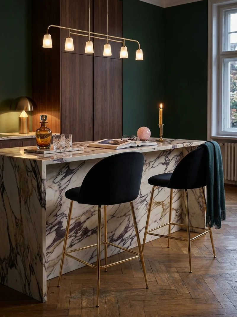 Barhocker 2er Set Samt Lehne Goldgestell Skandi-Stil Gepolstert