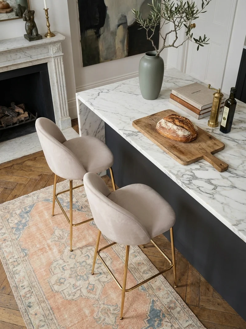 Barhocker 2er Set Samt Lehne Goldgestell Skandi-Stil Gepolstert