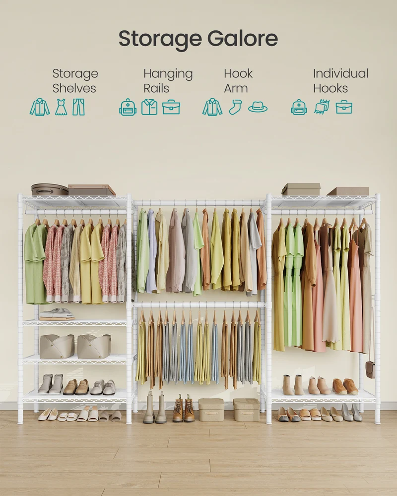 SONGMICS Heavy-Duty Clothes Rack, Extendable Garment Rack, Portable Closet with Adjustable Mesh Shelves and Hanging Rails, Hooks, White