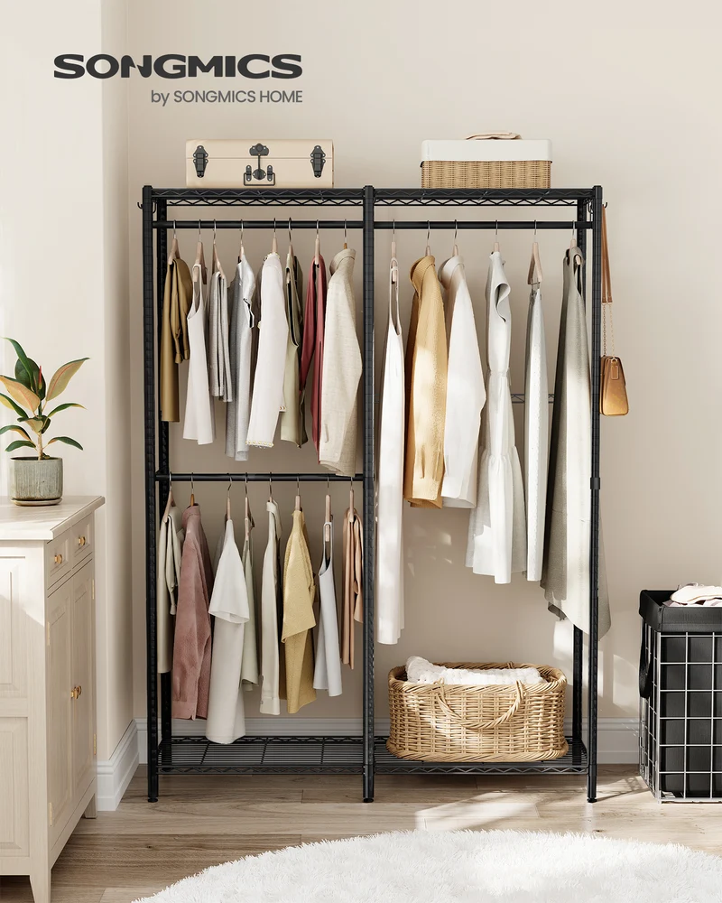 SONGMICS Clothes Rack, Freestanding Wardrobe Closet, Metal Clothing Racks, Heavy-Duty Garment Rack with Adjustable Wire Shelves, Ink Black