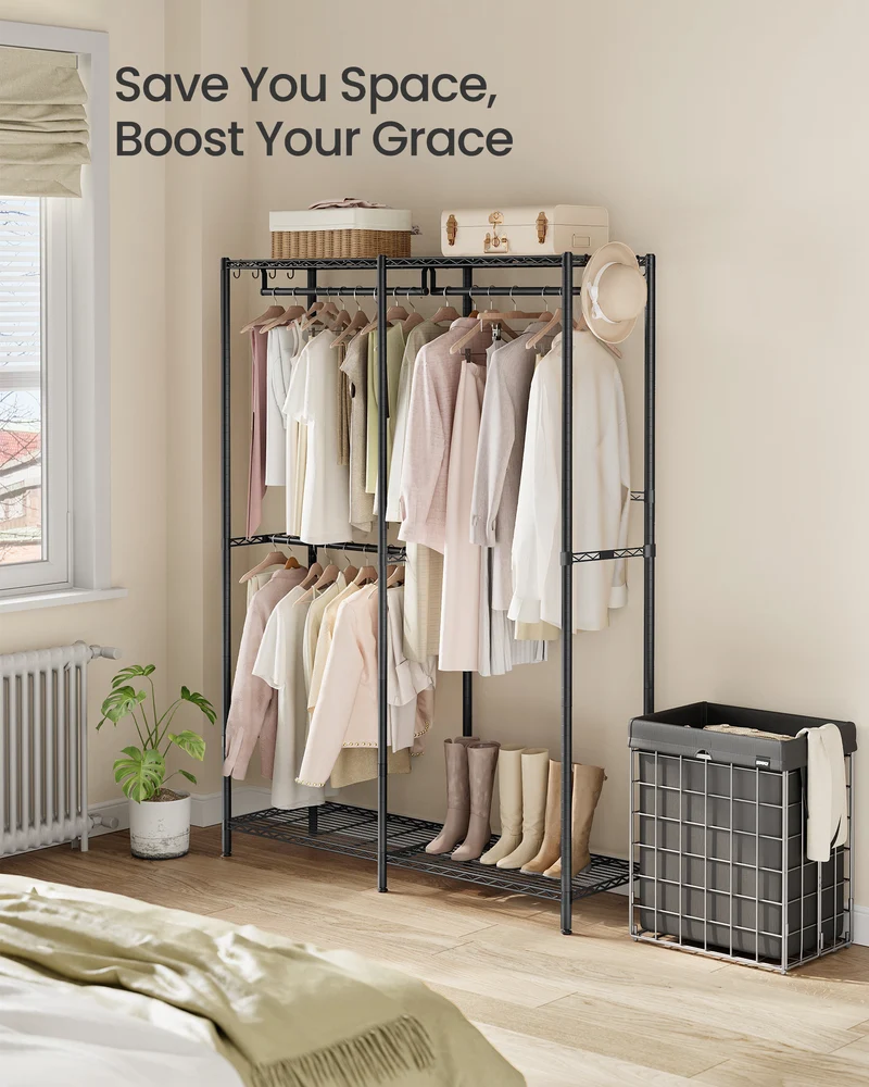 SONGMICS Clothes Rack, Freestanding Wardrobe Closet, Metal Clothing Racks, Heavy-Duty Garment Rack with Adjustable Wire Shelves, Ink Black