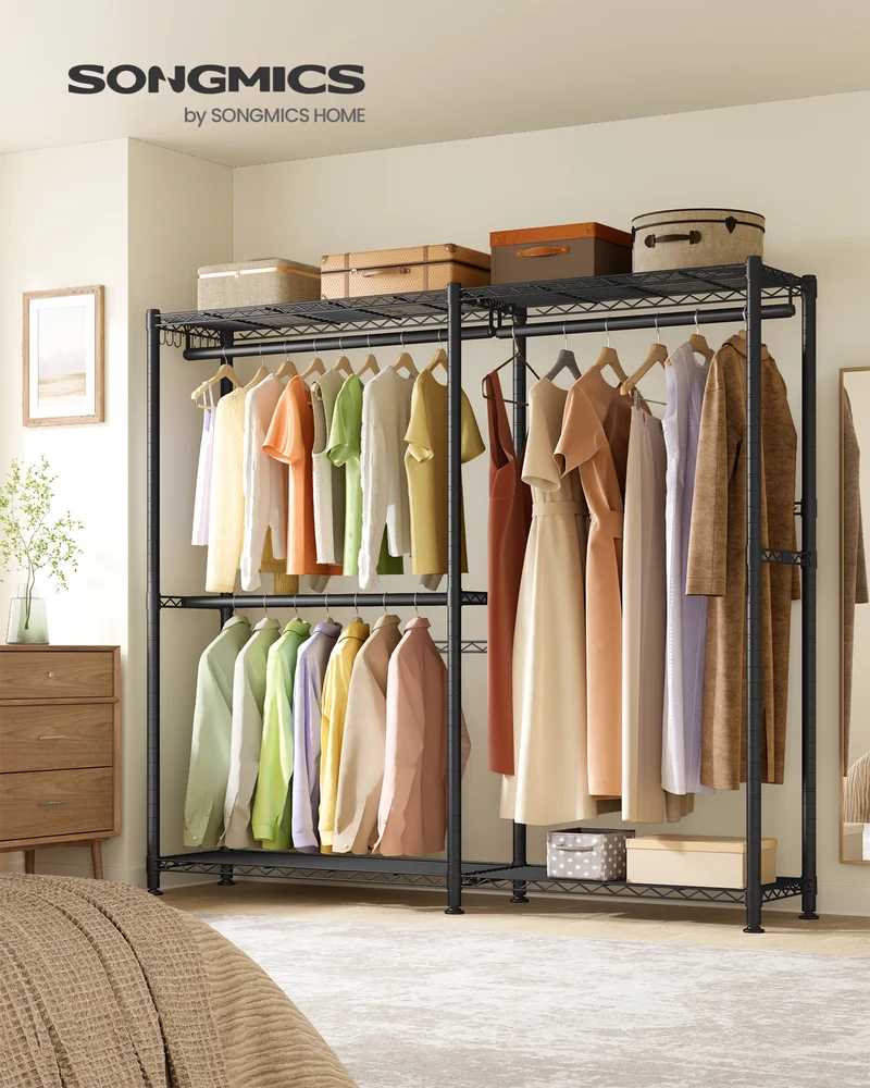 SONGMICS Clothing Rack, Heavy-Duty Garment Rack with Adjustable Storage Shelves and Hanging Rails, Hooks, Portable Wardrobe Closet, Cloud White