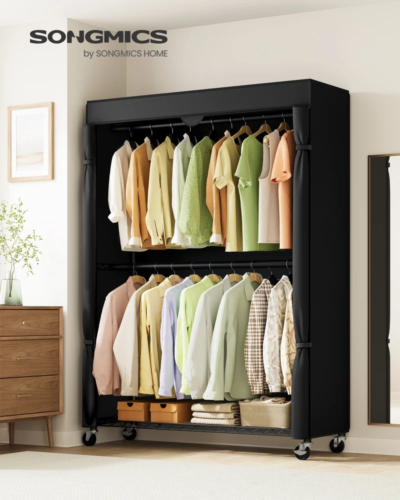 SONGMICS Heavy-Duty Rolling Clothes Rack, Portable Closet with Wheels, with Adjustable Mesh Shelves and Hanging Rails, Fabric Cover, Ink Black