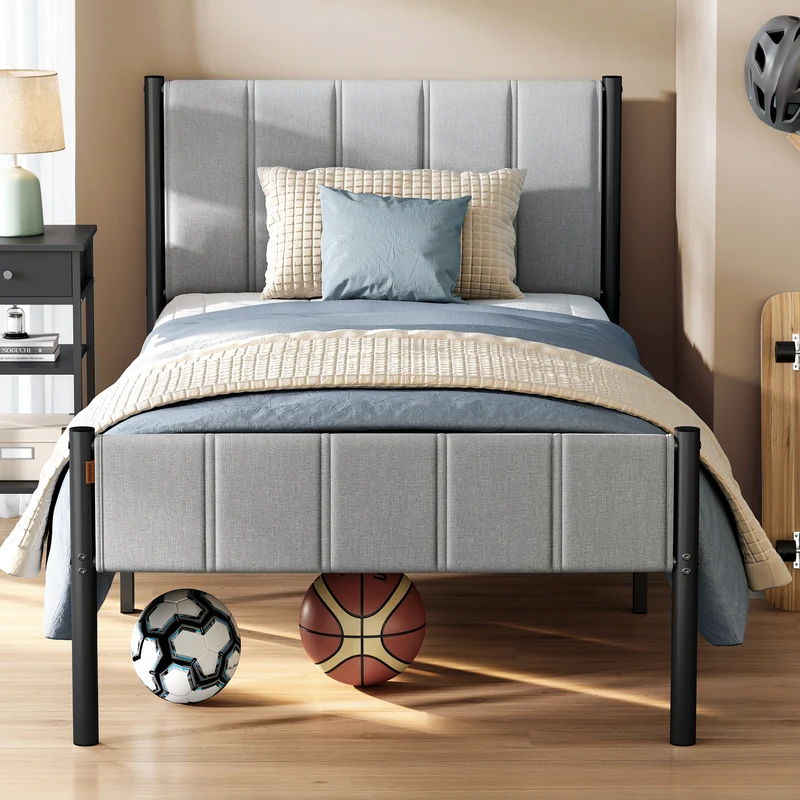 VASAGLE Twin Bed Frame with Upholstered Headboard, Footboard, 550 lb Weight Capacity, Steel Slats, Easy Assembly, No Box Spring Needed, Dove Gray