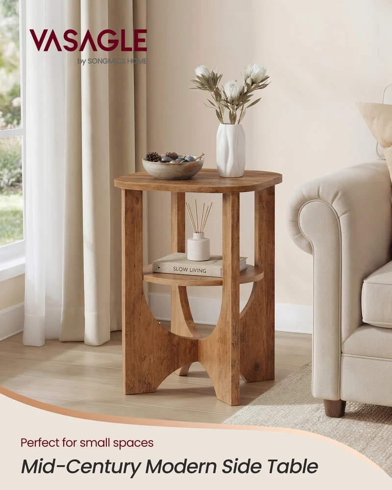 VASAGLE Side Table, 2 Tier Small Accent End Table, Nightstand with Lower Shelf for Small Spaces, Living Room, Bedroom, Honey Brown