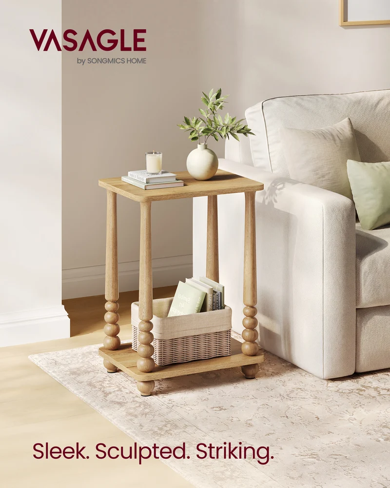 VASAGLE MARIEL Collection - Side Table, Accent Nightstand for Small Spaces, Rectangular End Table with Shelf, Solid Wood Legs, Natural Brown