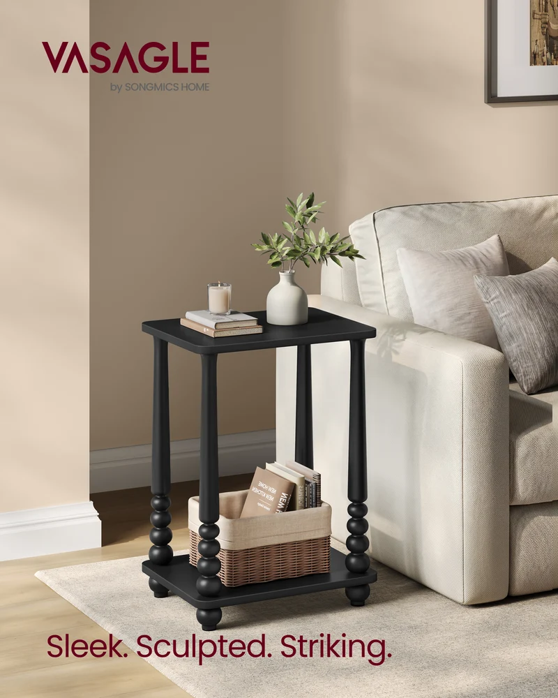 VASAGLE MARIEL Collection - Side Table, Accent Nightstand for Small Spaces, Rectangular End Table with Shelf, Solid Wood Legs, Ink Black