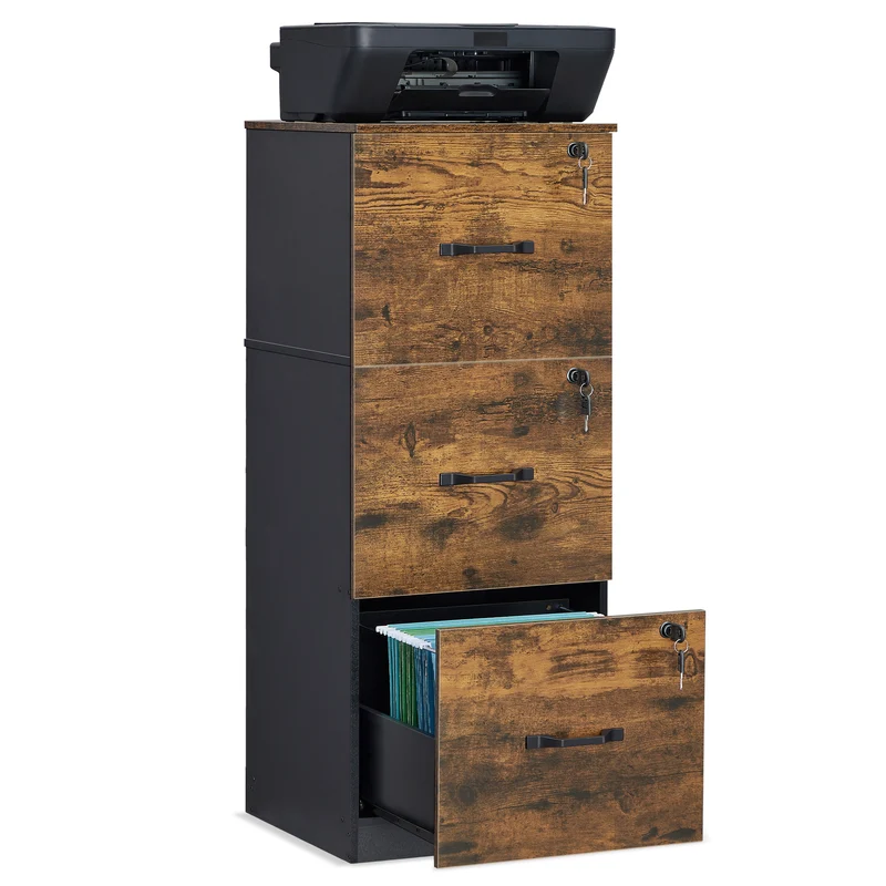 VASAGLE File Cabinet for Home Office, Printer Stand, with 3 Lockable Drawers, Adjustable Hanging Rails, Rustic Brown and Black