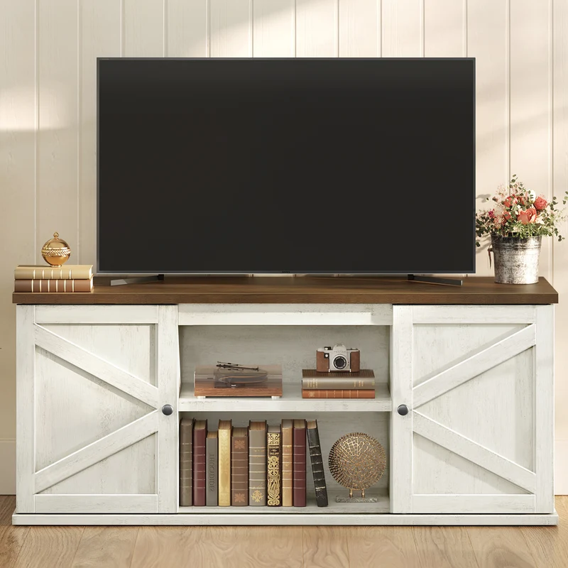 Farmhouse TV Stand for 65-Inch TVs, Entertainment Center with Sliding Barn Doors and 4 Storage Compartments, Rustic White and Brown