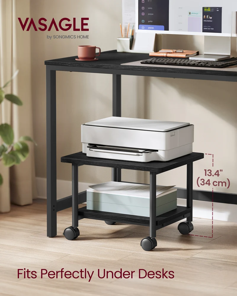 2-Tier Under Desk Printer Stand, Mobile Machine Cart with Shelf, Heavy Duty Storage Rack for Office and Home