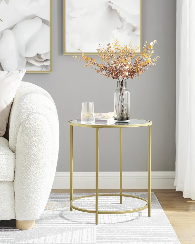 VASAGLE Round Side Table, Glass End Table with Metal Frame, Gold Coffee Table with Modern Style, for Living Room, Balcony, Bedroom, Gold Color