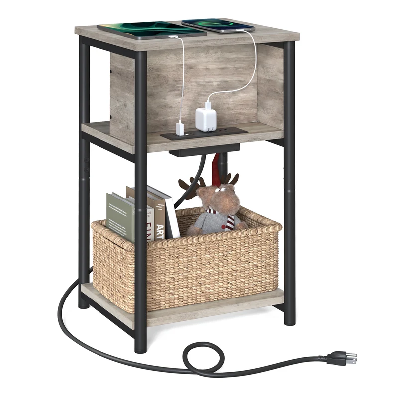 VASAGLE End Table with Charging Station 3-Tier Side Table with USB Ports and Outlets Nightstand Greige and Black