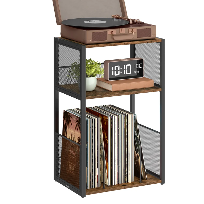 VASAGLE Record Player Stand, 3-Tier Side Table, Vinyl Record Storage up to 100 Albums, End Table for Living Room, Bedroom, Rustic Brown