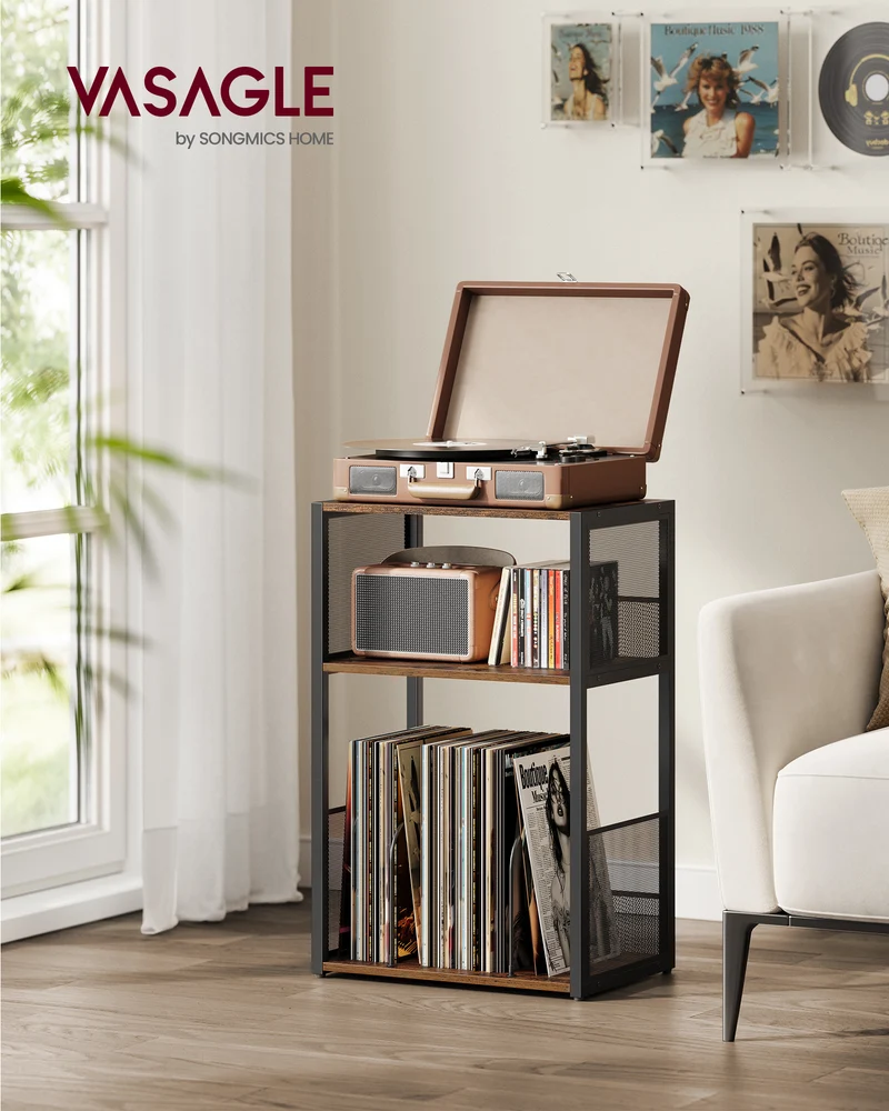 VASAGLE Record Player Stand, 3-Tier Side Table, Vinyl Record Storage up to 100 Albums, End Table for Living Room, Bedroom, Rustic Brown