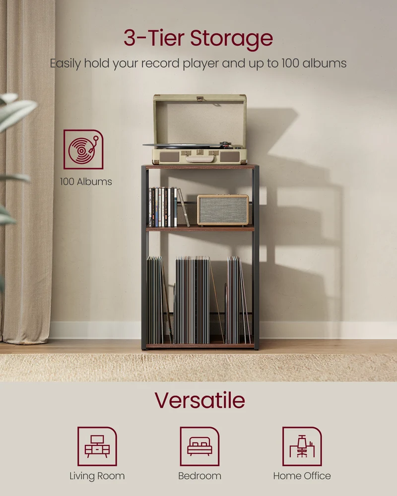 3-Tier Record Player Stand, Vinyl Record Storage for up to 100 Albums, Side Table with Removable Dividers for Living Room Bedroom, Natural Walnut