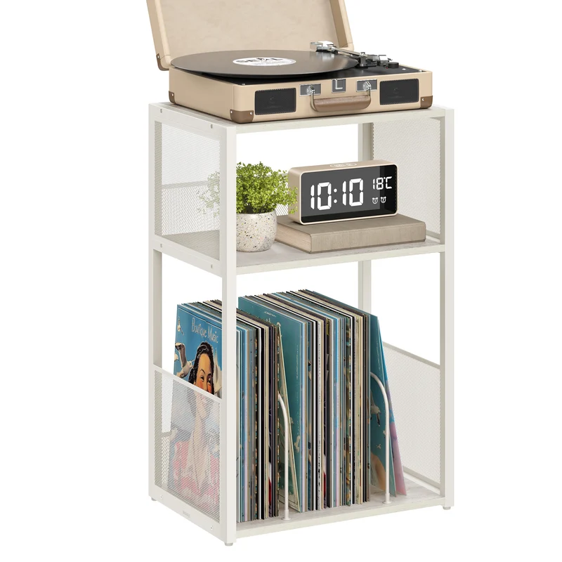 3 - Tier Record Player Stand & Side Table - Holds up to 100 Vinyl Records, Ideal for Living & Bedroom, Ebony Black