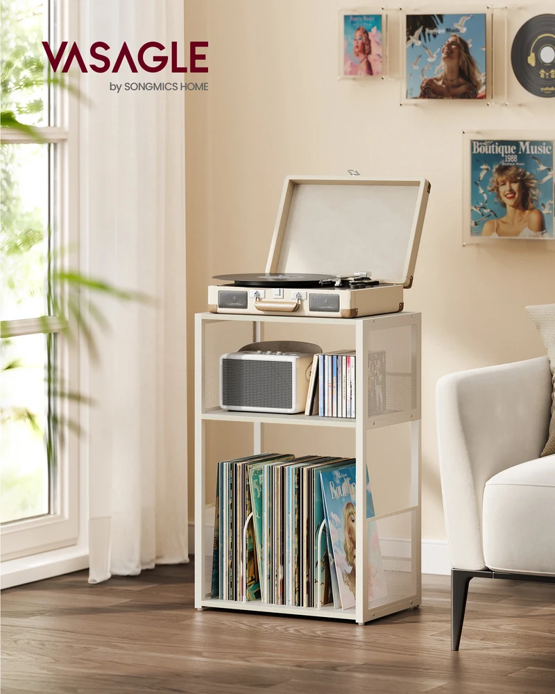 3 - Tier Record Player Stand & Side Table - Holds up to 100 Vinyl Records, Ideal for Living & Bedroom, Ebony Black