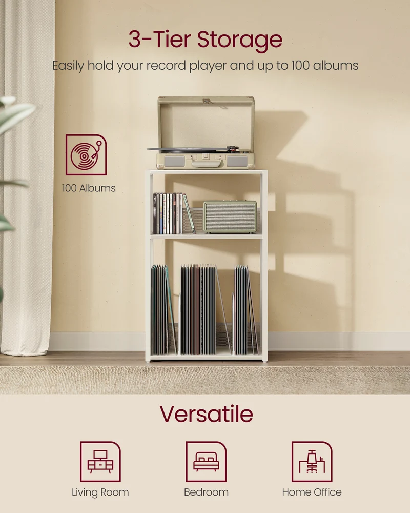 3 - Tier Record Player Stand & Side Table - Holds up to 100 Vinyl Records, Ideal for Living & Bedroom, Ebony Black