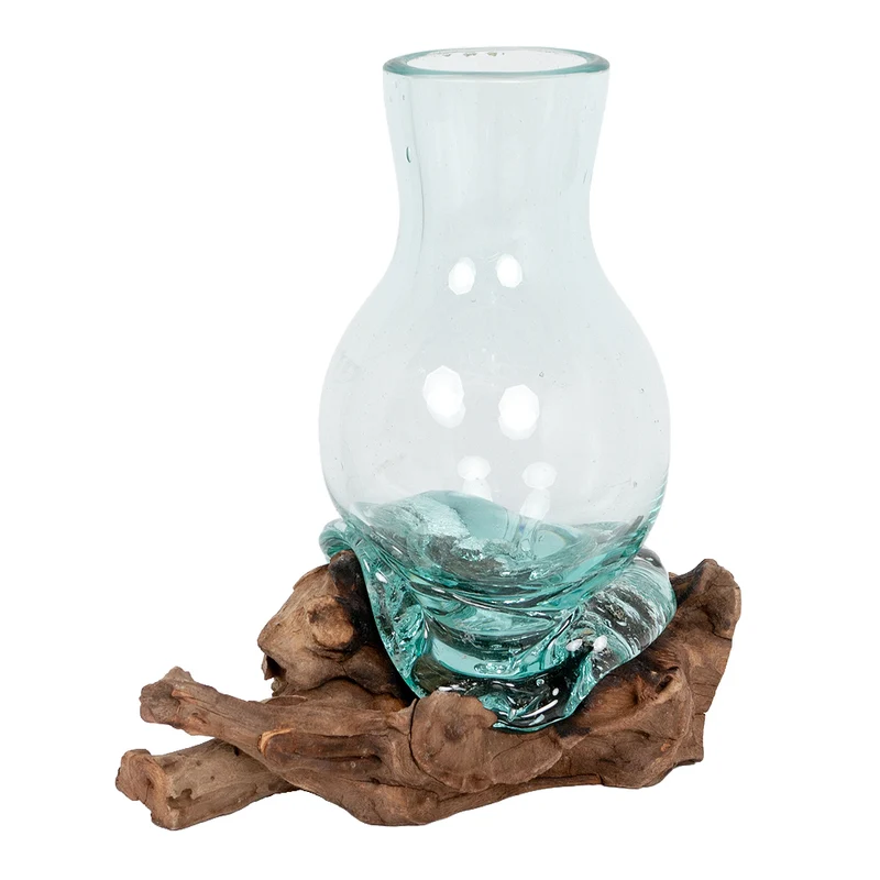 Individuelle Teak Blumenvase DROP ca. H45cm Unikat Glas-Kunstwerk