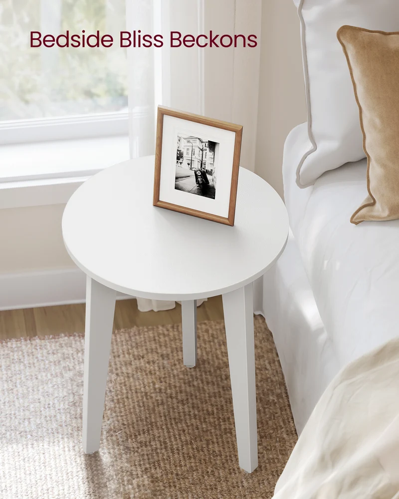 Compact Round Nightstand, Small Side End Table, Mid-Century Modern Style, for Tight Spaces, White