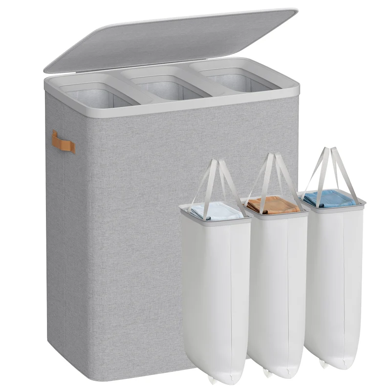Laundry Hamper, 50.2 Gal 3-Compartment Basket with Lid & Removable Liners, for Whole Family Laundry Sorting, Dove Gray