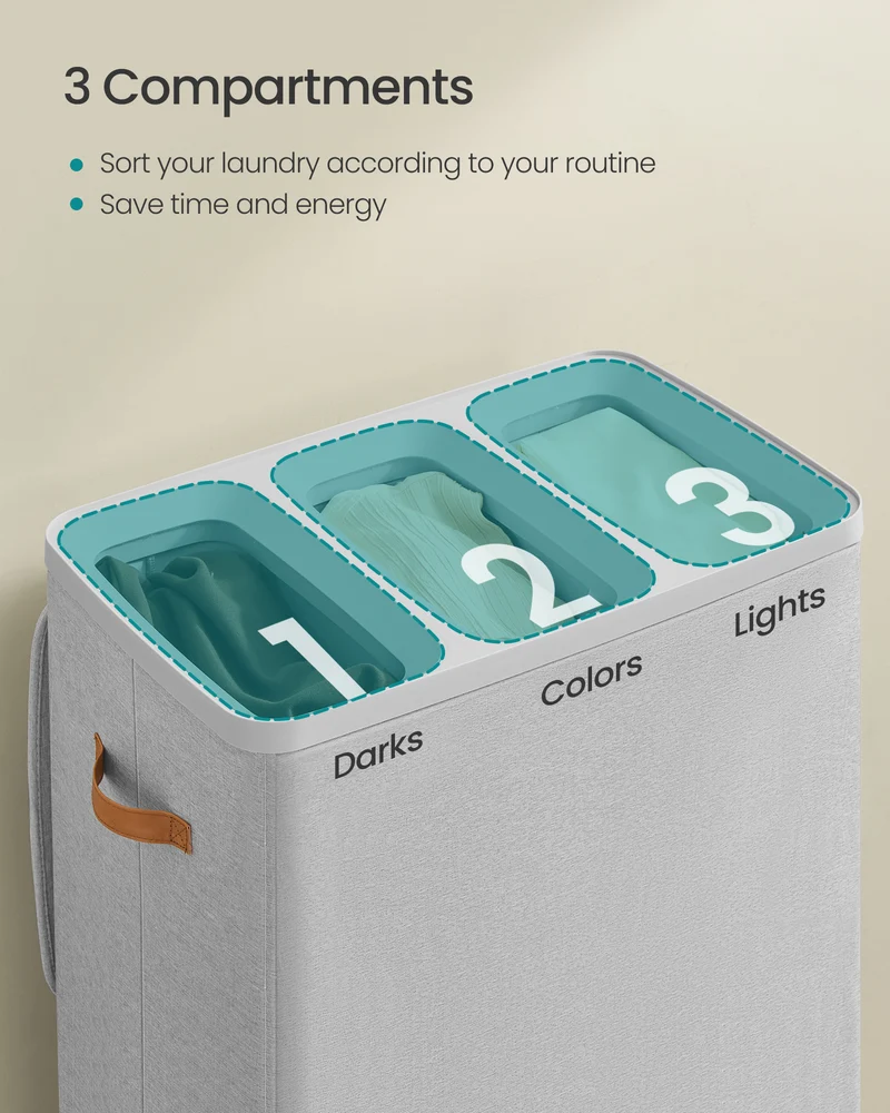 Laundry Hamper, 50.2 Gal 3-Compartment Basket with Lid & Removable Liners, for Whole Family Laundry Sorting, Dove Gray
