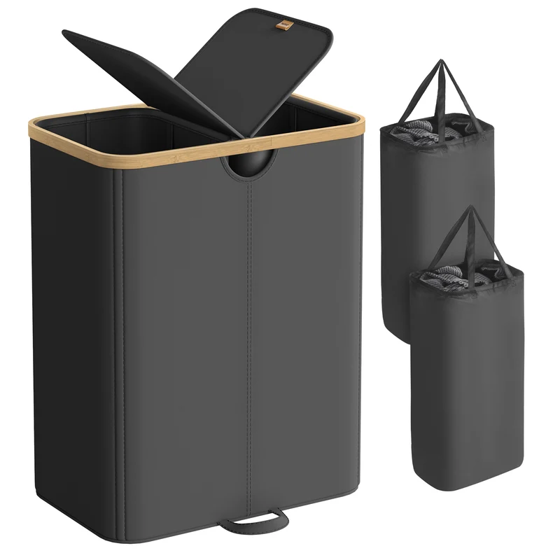 SONGMICS Laundry Hamper with Lids, Laundry Basket with 2 Compartments, 39 Gal. (150 L), Removable Liner Bag, Ink Black and Light Bamboo