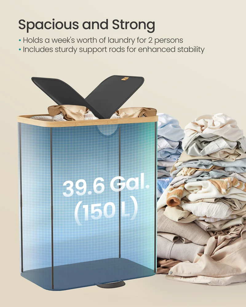 SONGMICS Laundry Hamper with Lids, Laundry Basket with 2 Compartments, 39 Gal. (150 L), Removable Liner Bag, Ink Black and Light Bamboo