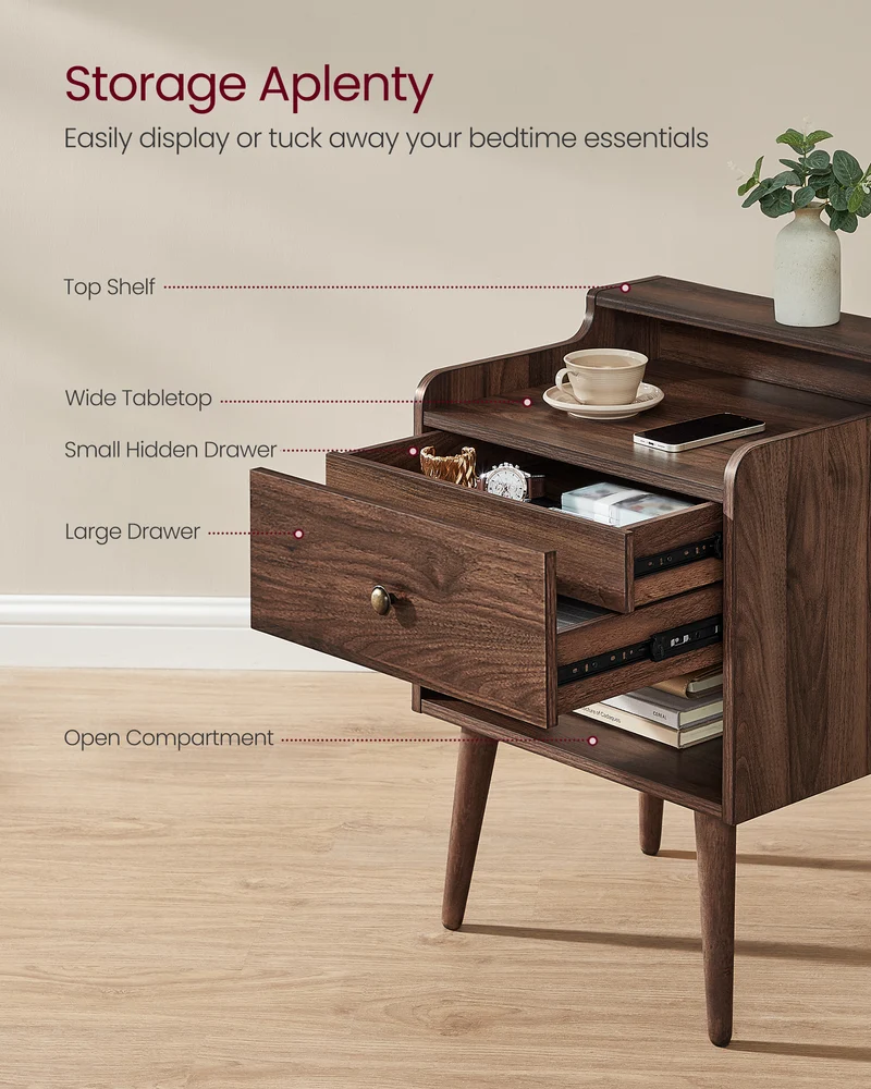 Nightstands, Set of 2, Bedside Tables with Hidden Drawers, Mid-Century End Tables with Solid Wood Legs, Walnut