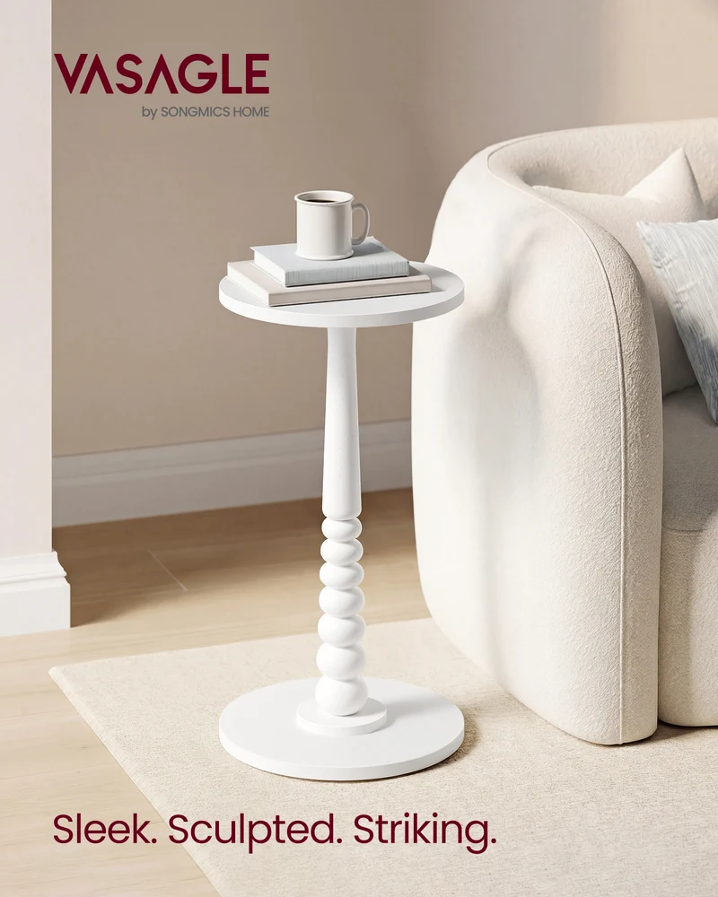 VASAGLE MARIEL Collection - Round Side Table, Small Drink End Table for Small Spaces, Accent Nightstand, Solid Wood Leg, Mid-Century Modern, for Living Room Bedroom, Cloud White