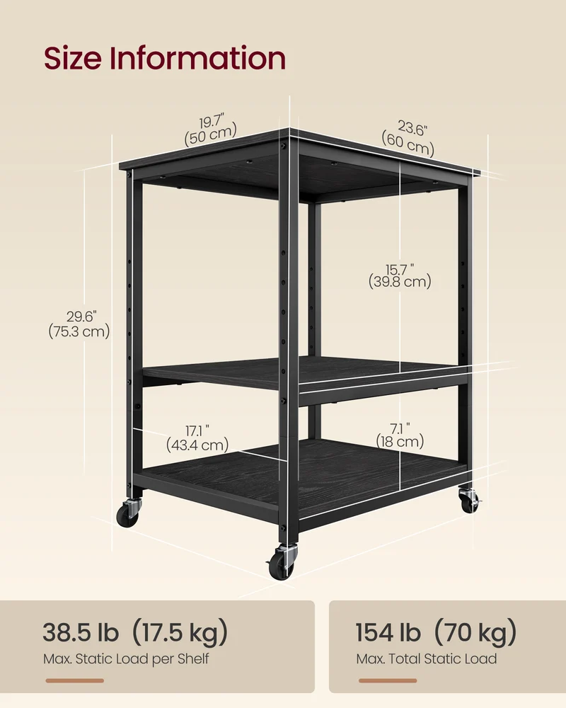 VASAGLE Printer Stand, Rolling Printer Cart, Mobile with Lockable Wheels, Steel Frame, Storage Shelf, 3-Tier, Ebony Black