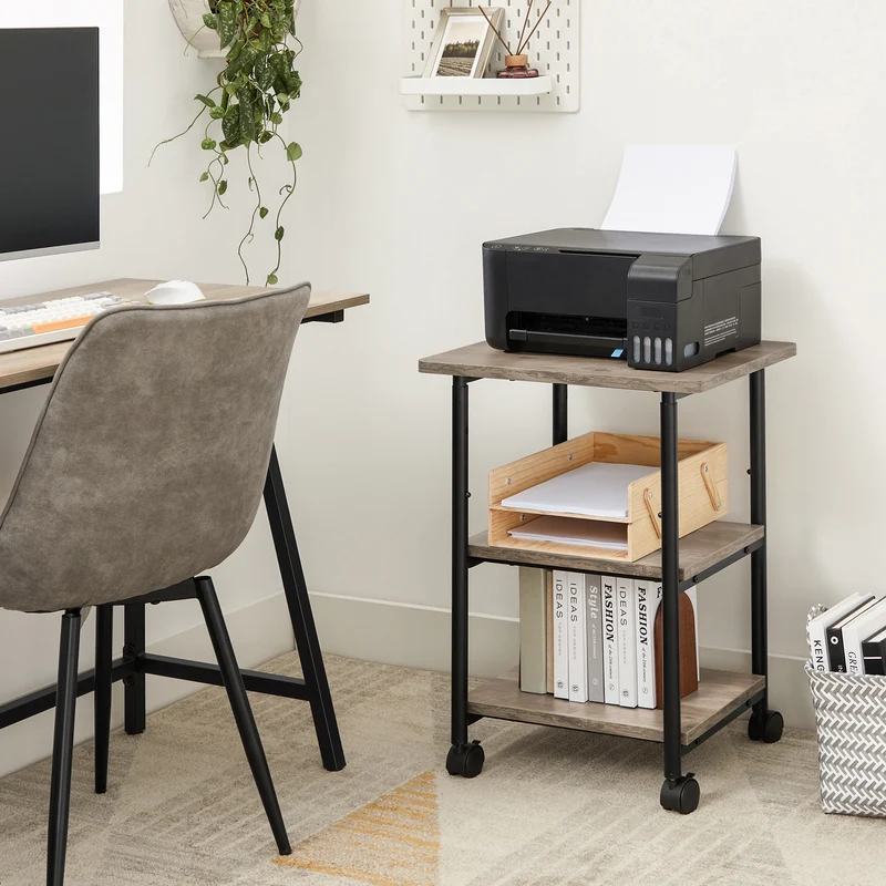 VASAGLE Heavy-Duty Printer Stand with Locking Wheels, 3-Tier Industrial Mobile Cart with Storage Shelf, Printer Table for Home, Office, 26.2-30.1" Adjustable Height, Heather Greige and