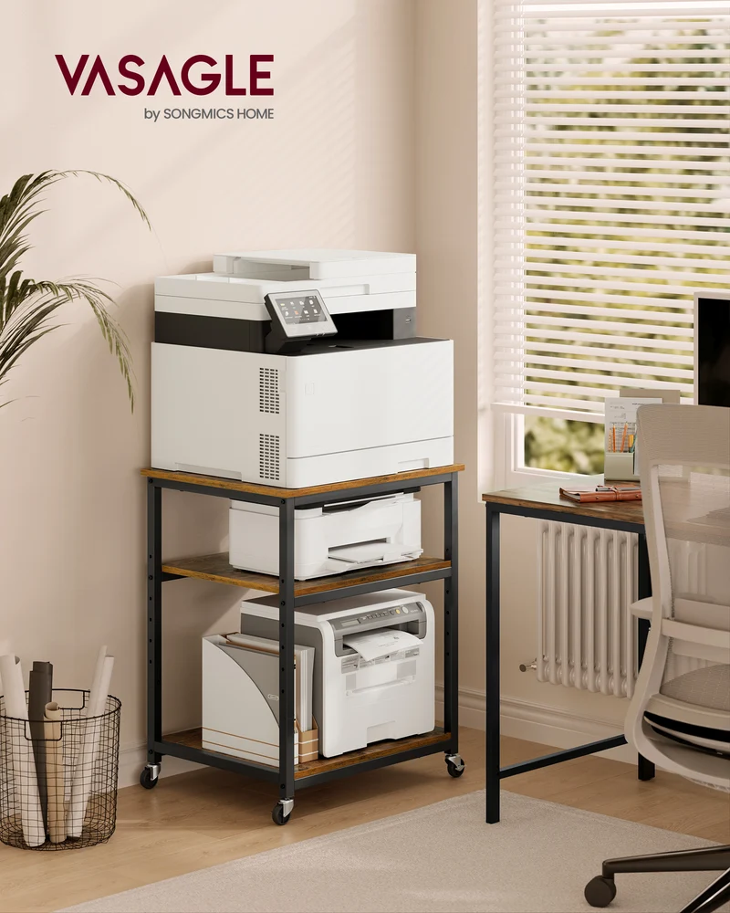 VASAGLE Printer Stand, Rolling Printer Cart, Mobile with Lockable Wheels, Steel Frame, Storage Shelf, 3-Tier, Rustic Brown and Ink Black