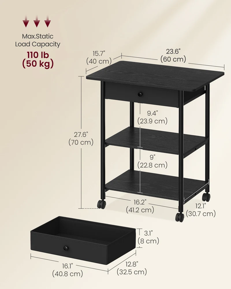 VASAGLE Printer Stand, Rolling Printer Cart, Mobile with Lockable Wheels, Steel Frame, 2 Storage Shelves Removable Drawer, 3-Tier, Ebony Black
