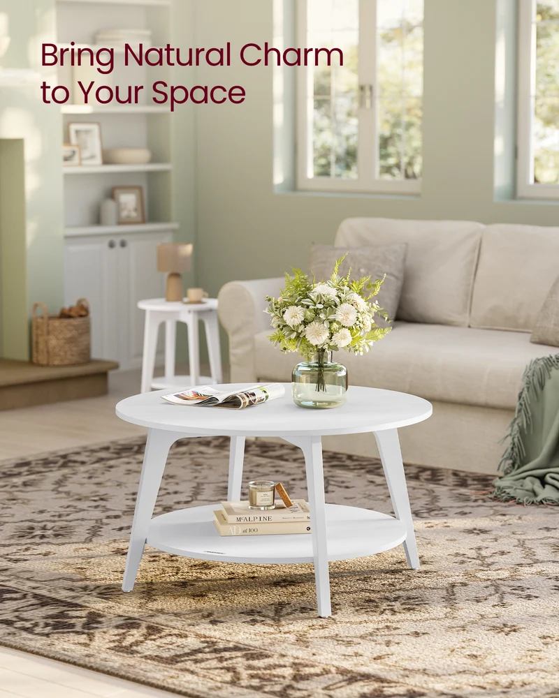 Snow White 2 - Tier Round Coffee Table with Storage - 31.5 x 17.7 Inches, Easy to Assemble for Living Room