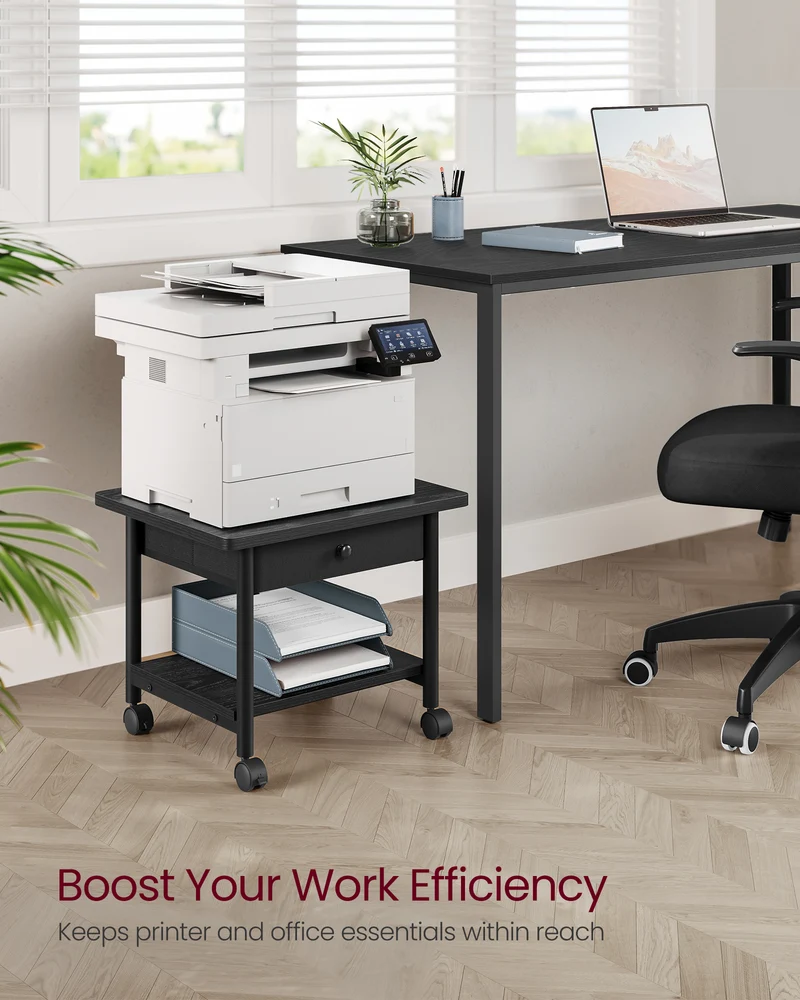 VASAGLE Printer Stand Under Desk Printer Stand Bottom Shelf with Wheels Ebony Black and Ink Black