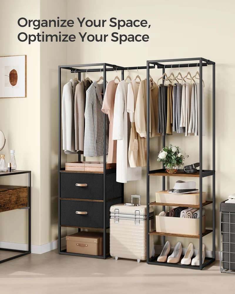 SONGMICS Clothes Rack, 70.9 Inch Wardrobe Freestanding Closet, Heavy Duty Garment Rack with 1 Extendable Hanging Rod, 2 Drawers and 4 Shelves, for Bedroom, Space-Saving, Rustic Brown