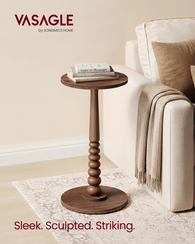 VASAGLE MARIEL Collection - Side Table, Accent Nightstand, Round End Drink Table, Solid Wood Leg, Mid-Century Modern, Chestnut Walnut