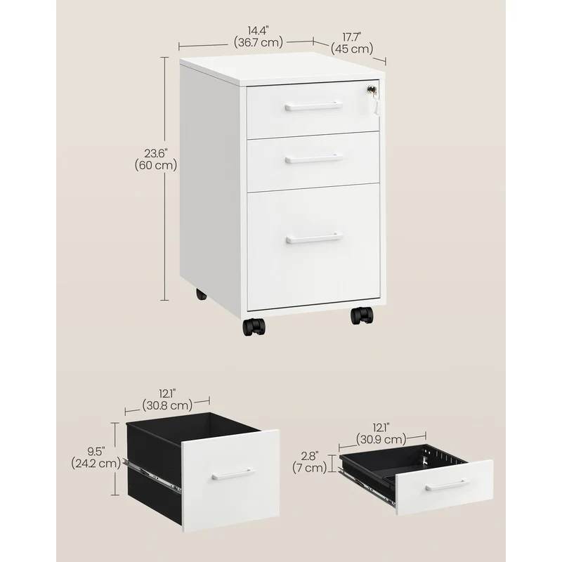 Pre-Assembled File Cabinet with Lock, Office Storage for A4/Legal/Letter Documents, 17.7x14.4x23.6 Inches, Matte White