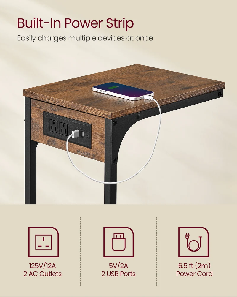 Rustic Brown C - Shaped Side Table - End Table with Charging Station (2 USB Ports & Outlets). Adjustable Feet, Ideal for Couch