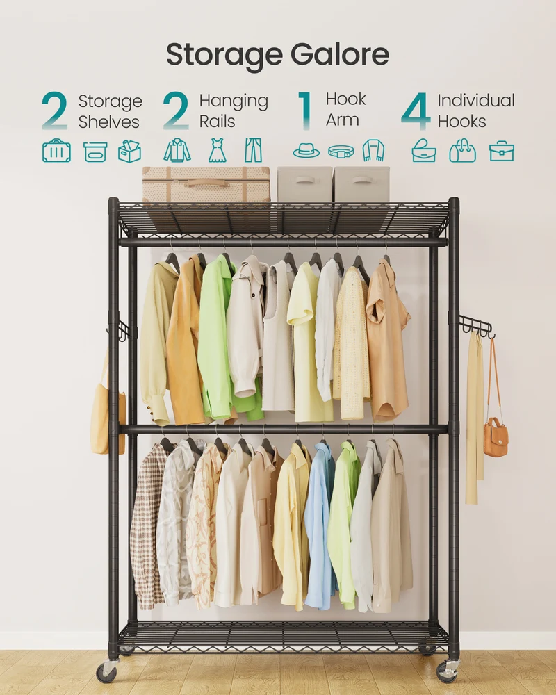 SONGMICS Heavy-Duty Rolling Clothes Rack, Garment Rack, Portable Closet on Wheels, with Adjustable Mesh Shelves and Hanging Rails, Hooks, Ink Black