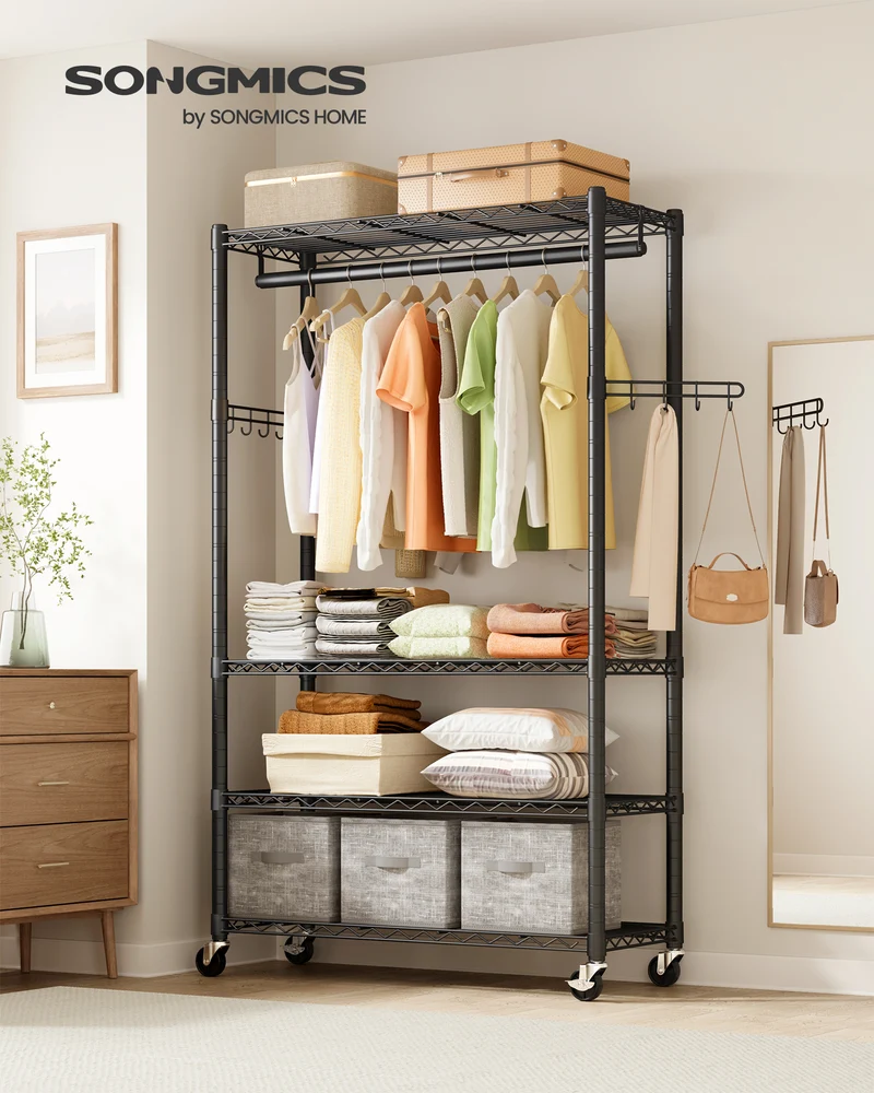 SONGMICS Heavy-Duty Rolling Clothes Rack, Garment Rack, Portable Closet on Wheels, with Adjustable Mesh Shelves and Hanging Rails, Hooks, Ink Black