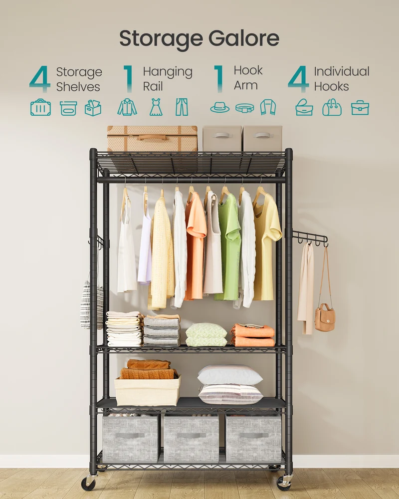 SONGMICS Heavy-Duty Rolling Clothes Rack, Garment Rack, Portable Closet on Wheels, with Adjustable Mesh Shelves and Hanging Rails, Hooks, Ink Black