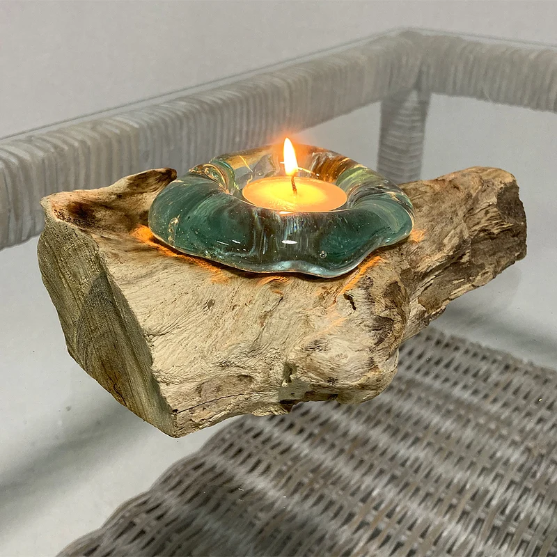 Unikat Teelichthalter DROP Teak recyceltes Glas